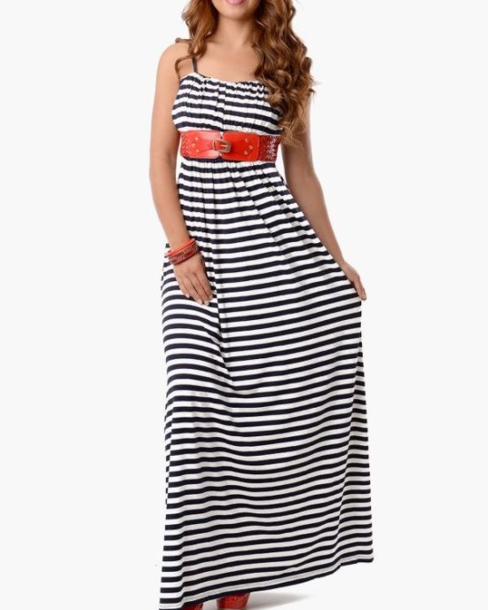 Striped dress with a red belt Striped dress with a red belt
